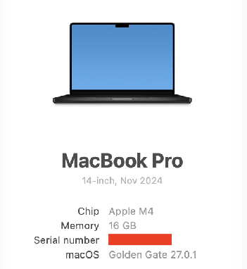 How to Report Bugs · macOS The About This Mac window with the serial number hidden.