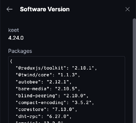 How to Report Bugs · macOS The Software Version screen showing the Keet version and the Packages list.