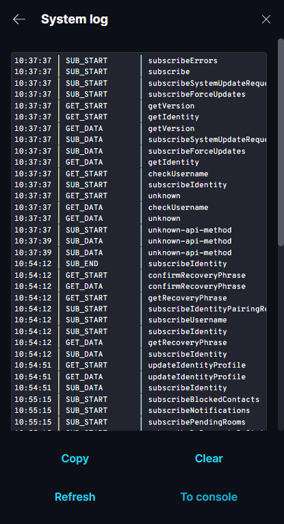 How to Report Bugs · Desktop The System log screen with the Copy, Clear, Refresh and To console buttons.