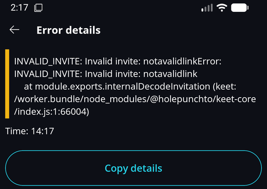 How to Report Bugs · Android The Error details screen with the Copy details button.