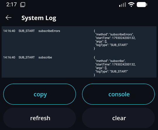 How to Report Bugs · Android The System Log screen with the copy, console, refresh and clear buttons.