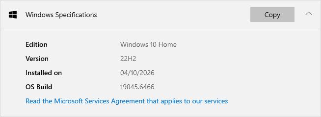 How to Report Bugs · Windows The Windows specifications section of the About page.